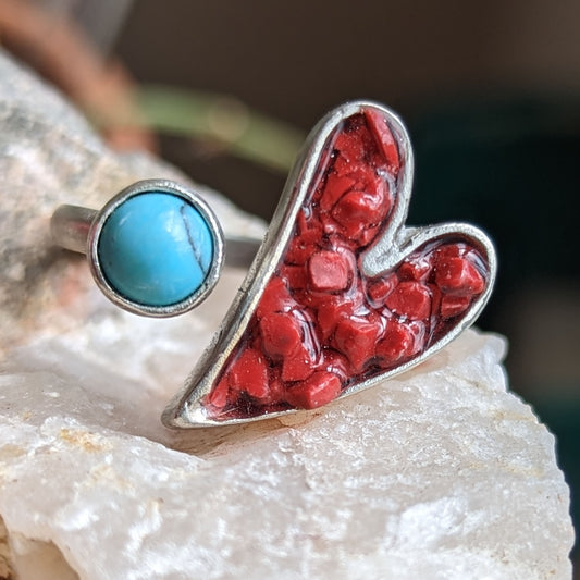 Crushed Coral Stone and Turquoise Cabochon on Silver