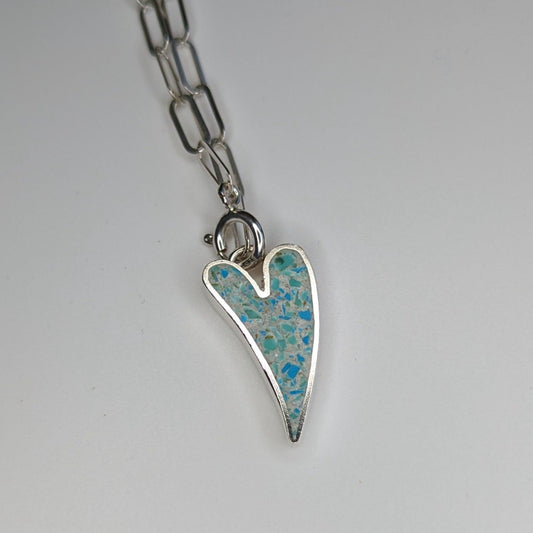 Crushed Turquoise and White Resin, on .925 Silver Long-heart Shape